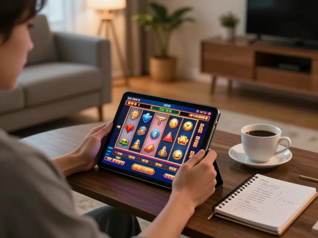 Online gambler enjoying slot games on a tablet while sitting comfortably at home with a cozy atmosphere.