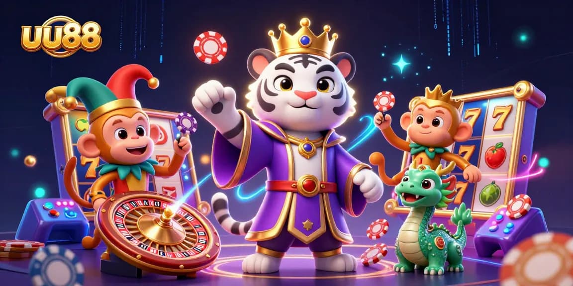 Experience exciting gameplay at uu88 with an elegant tiger, jester monkey, and jade dragon surrounded by dynamic casino elements.