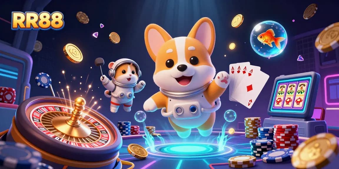 Experience thrilling gaming action with RR88 in a vibrant space casino scene filled with floating coins and characters.