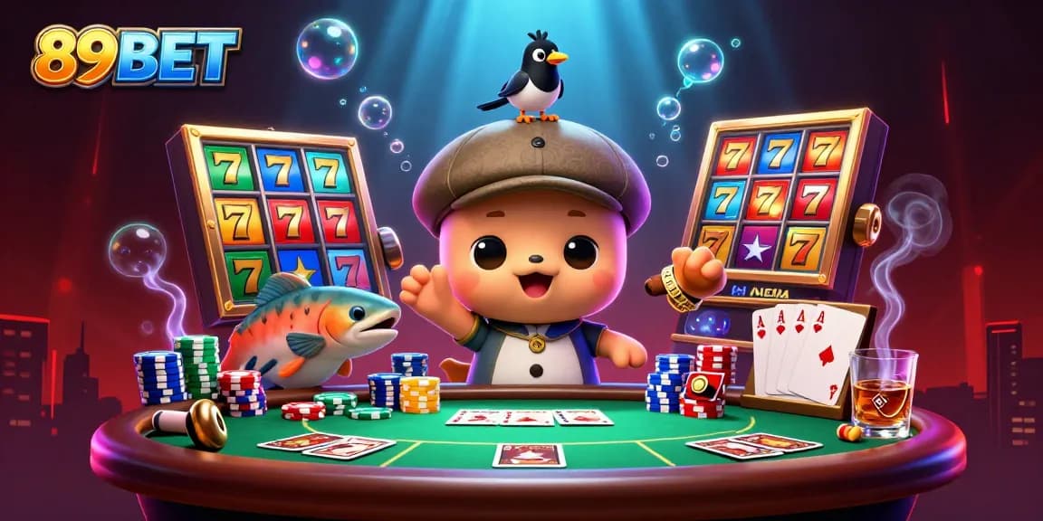 Engage with 89BET's captivating 3D casino scene featuring playful characters, slot reels, and vibrant gambling elements.