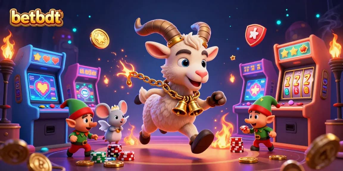 Experience thrilling gaming with betbdt's festive Krampus casino scene, featuring chaotic characters and vibrant visuals.
