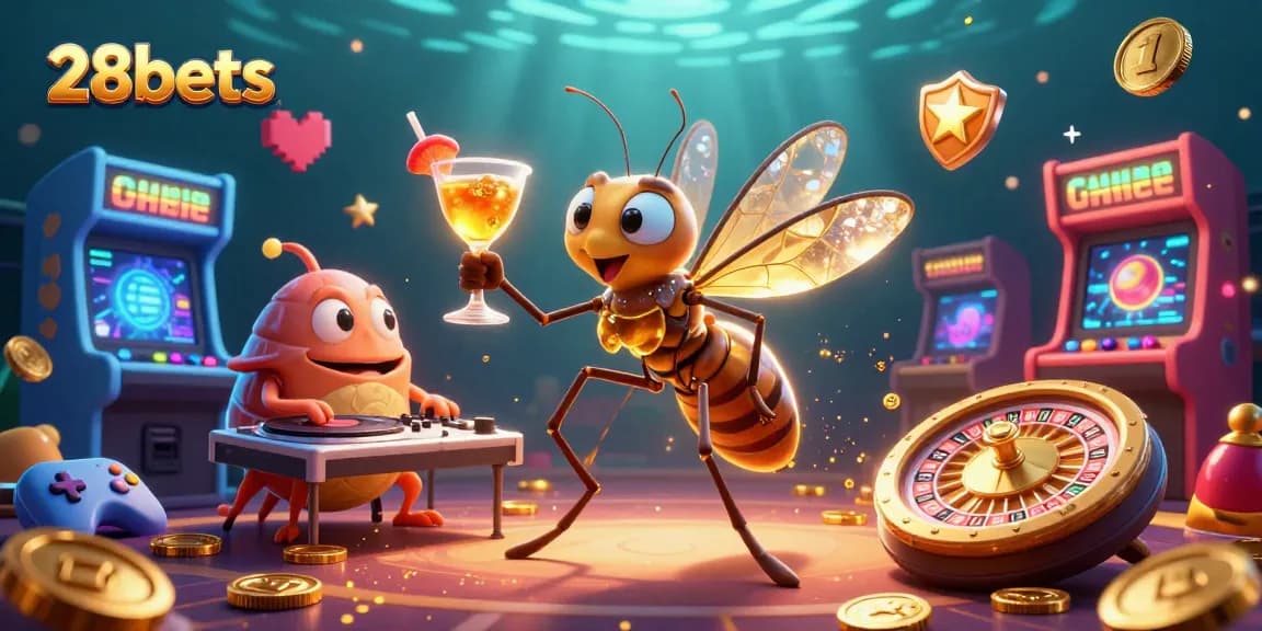Engage with 28bets at this vibrant casino illustration featuring a unique mosquito mascot and exciting gaming elements.