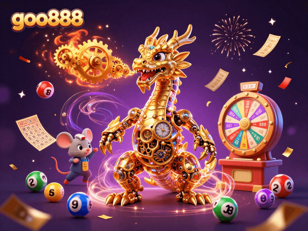 Engage with the vibrant gaming scene of goo888 featuring a dynamic golden dragon, lottery elements, and magical effects.