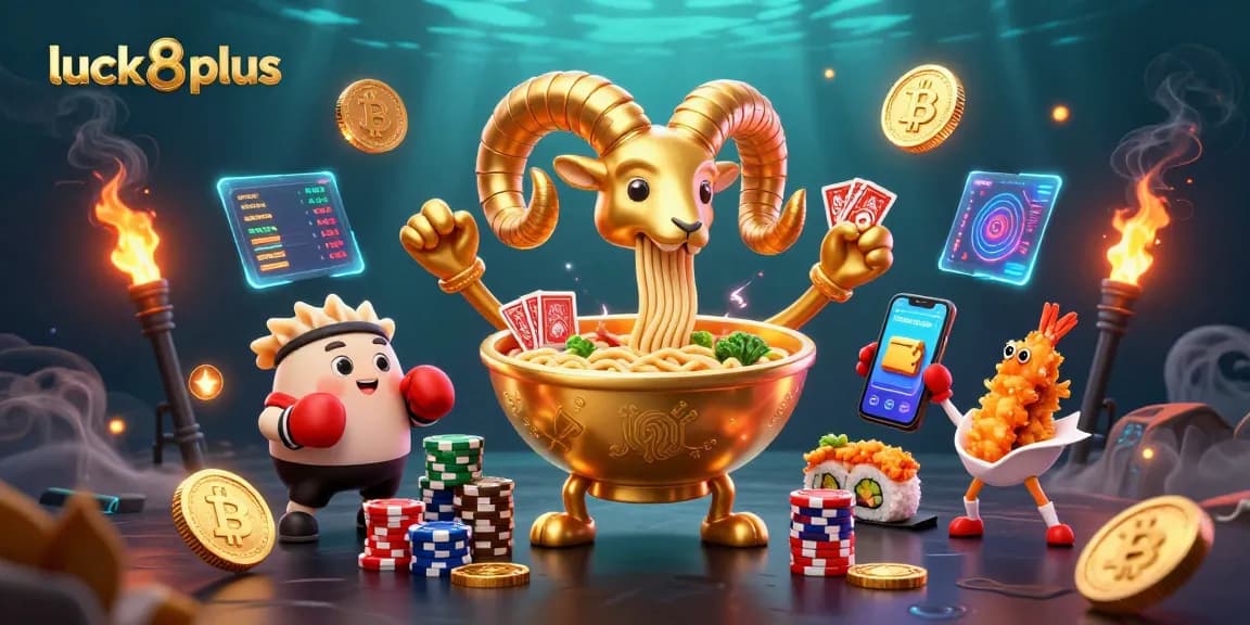 Engage with luck8 plus in a dynamic casino scene full of vibrant characters and crypto elements.