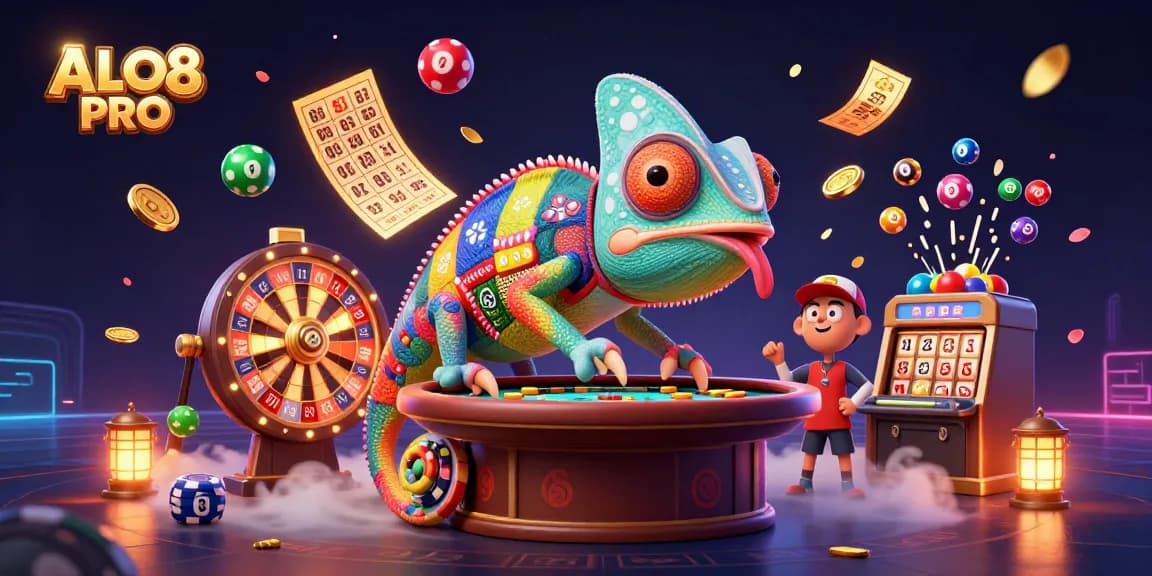 Join the excitement at ALO8 PRO with vibrant lottery elements and a chameleon casino owner.