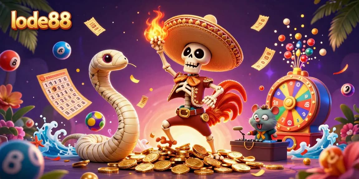 Join the fun with lode88's exciting casino elements, featuring a festive victory dance of characters!