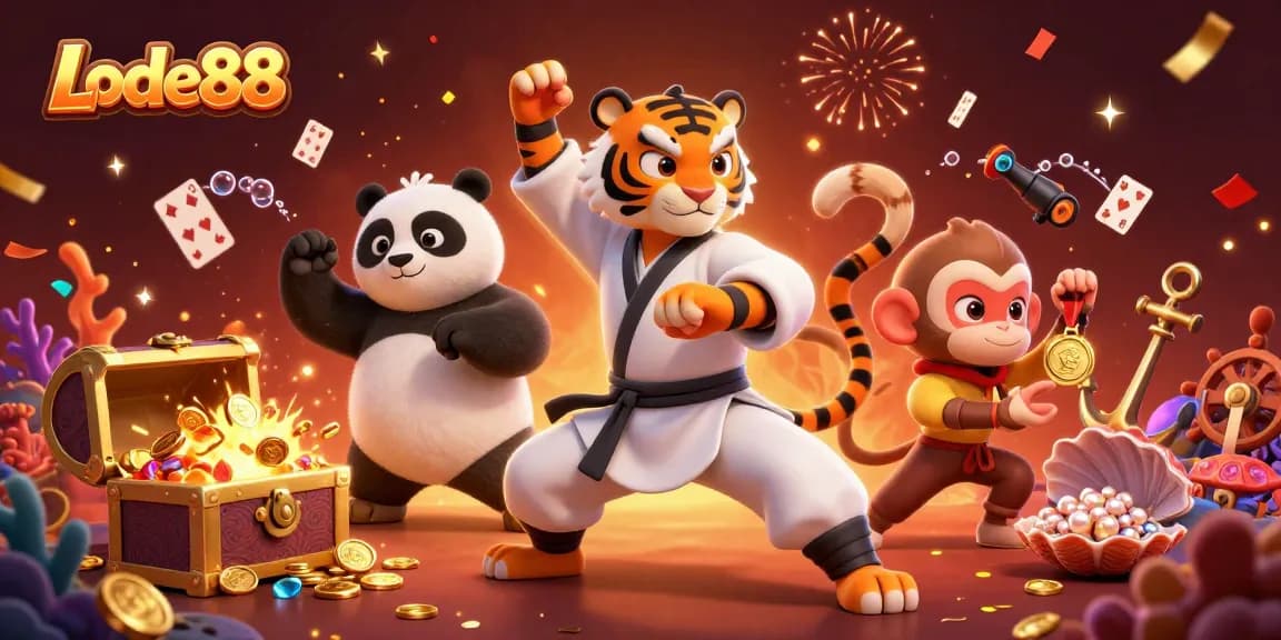 Lode88 showcases a lively 3D scene with tiger and panda mastering their crane stance, amidst vibrant casino elements.