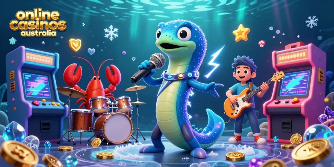 Experience vibrant entertainment at online casinos in Australia with electric eel DJ and band in a captivating underwater scene.