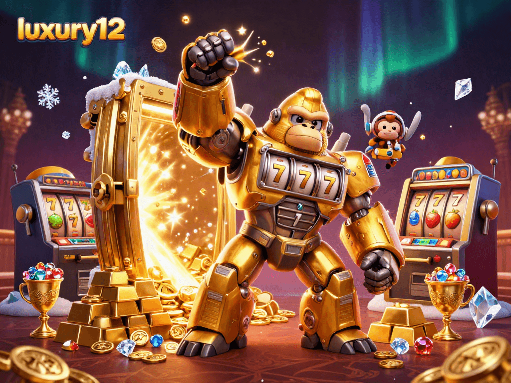 Experience the luxury12 gaming adventure with a vibrant golden gorilla mech and slot machine treasures.