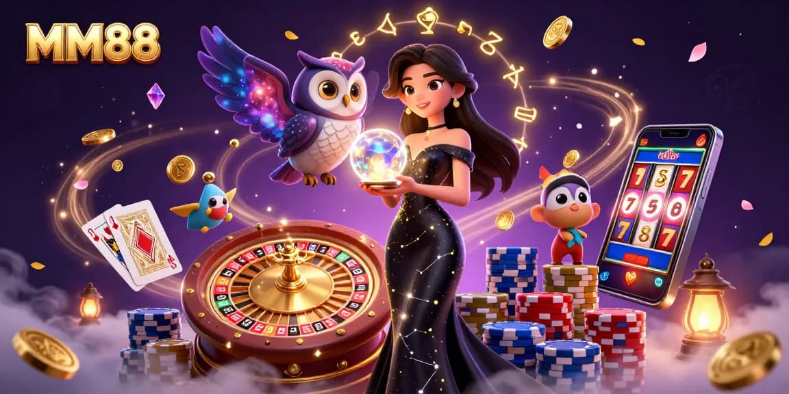 Experience MM88's captivating online casino with a mystical theme showcasing a glamorous woman and magical owl.