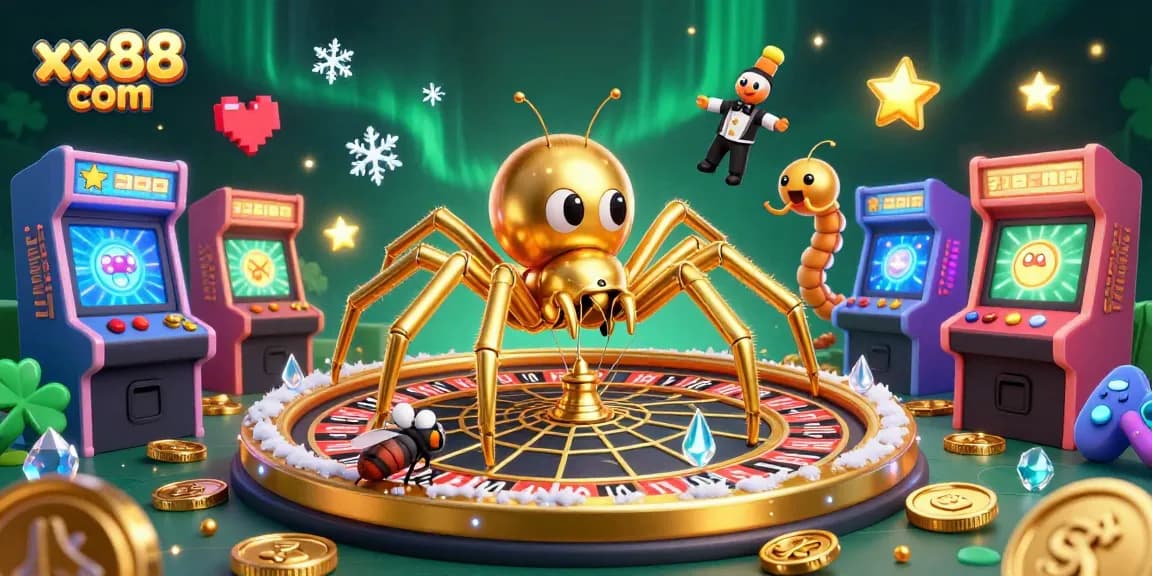Experience thrilling betting with xx88 com's golden roulette web spun by a cartoon spider.