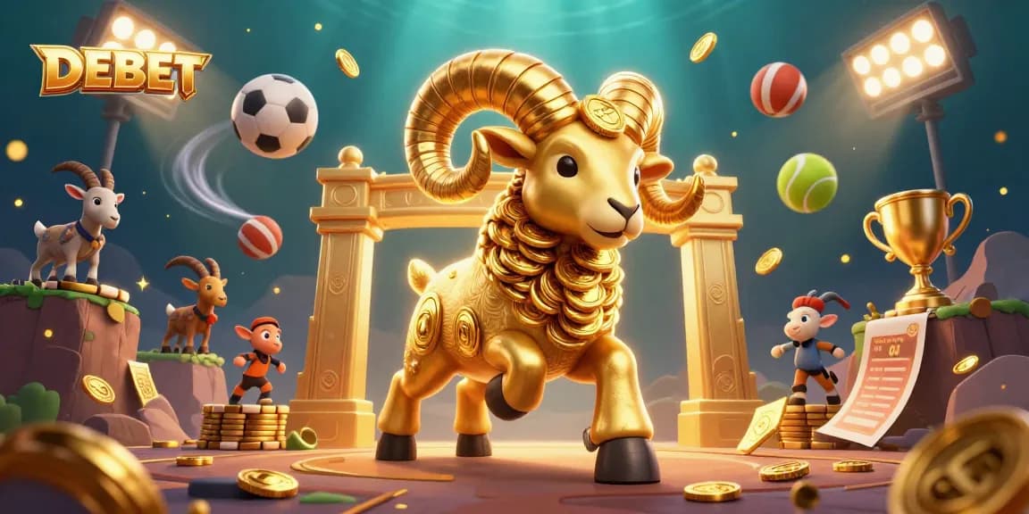 Engage with DEBET through thrilling betting adventures with a golden ram charging past sports elements.