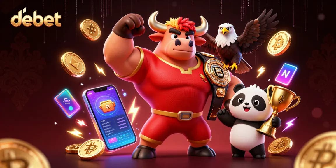 Experience the debet excitement with a vibrant casino scene showcasing a bull mascot and crypto elements.