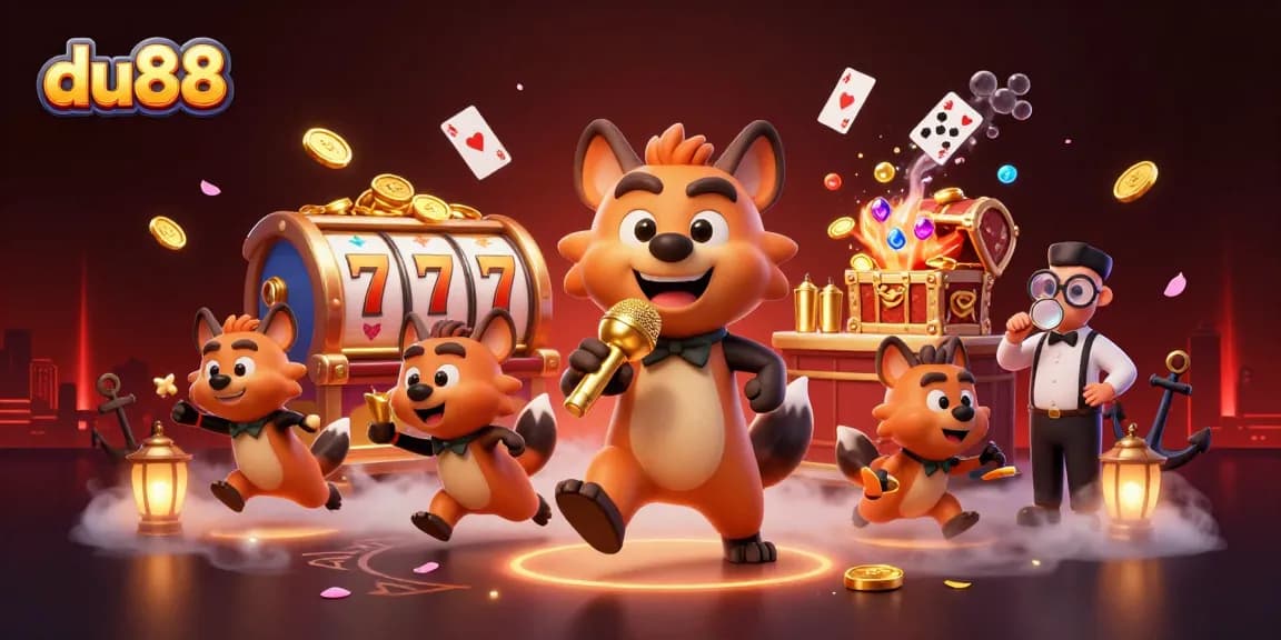 Engage with du88's vibrant comedy casino club featuring hyena characters and colorful gaming elements.