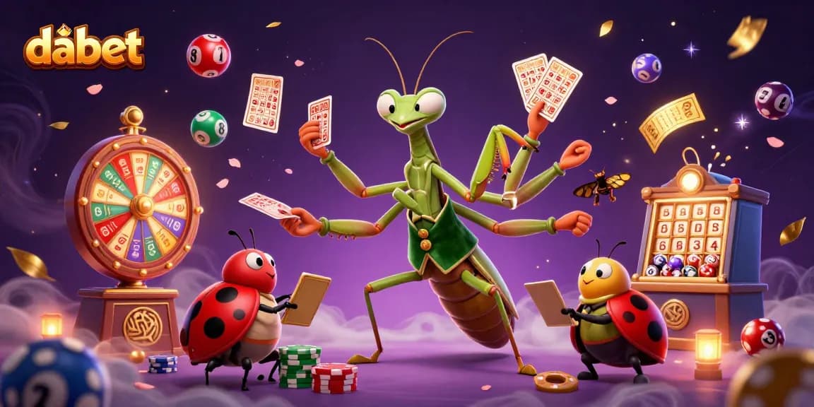 Experience excitement with dabet as a giant mantis deals cards amidst a vibrant casino scene.