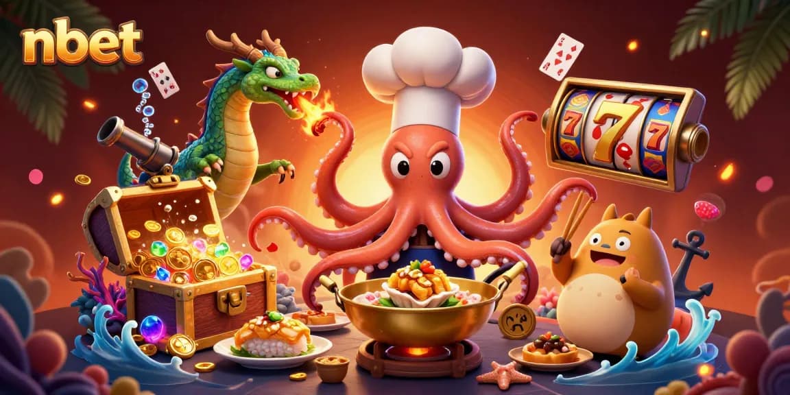 Experience nbet slots with a lively illustration featuring an octopus chef and vibrant casino elements.