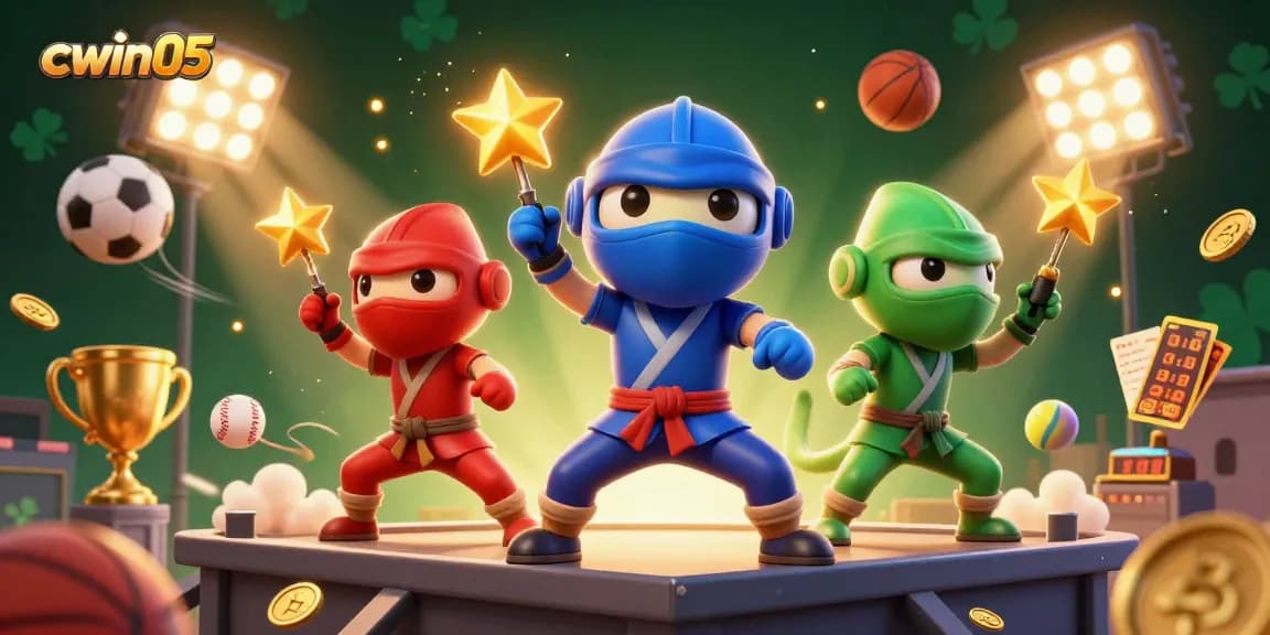Cwin05 showcases a vibrant 3D illustration of ninja chameleons amidst sports betting elements, enhancing the excitement of online gambling.