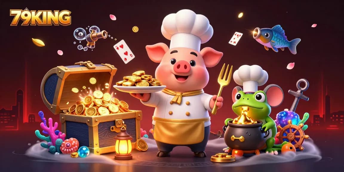 79KING reveals an exciting scene of a chef pig presenting gold coins, showcasing vibrant casino elements.