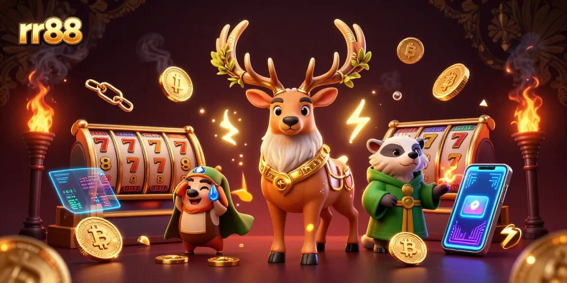 Spin to win with rr88 as a druid stag and badger celebrate a jackpot in a vibrant, fantasy casino.