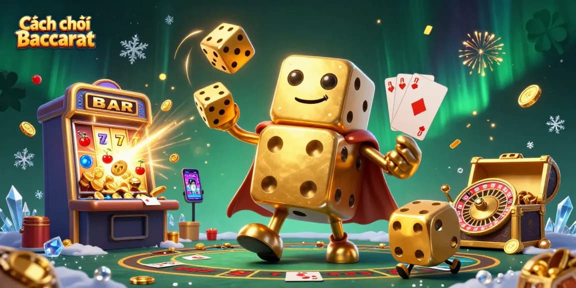 Cách chơi Baccarat illustrated by a vibrant scene featuring a quirky dice golem, baccarat table, and lively casino elements.