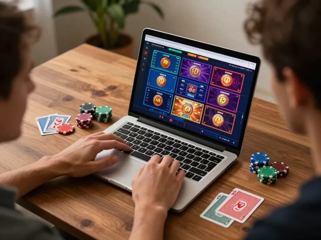 Player immersed in online gaming session, exploring casino sin licencia options on a laptop with strategic focus