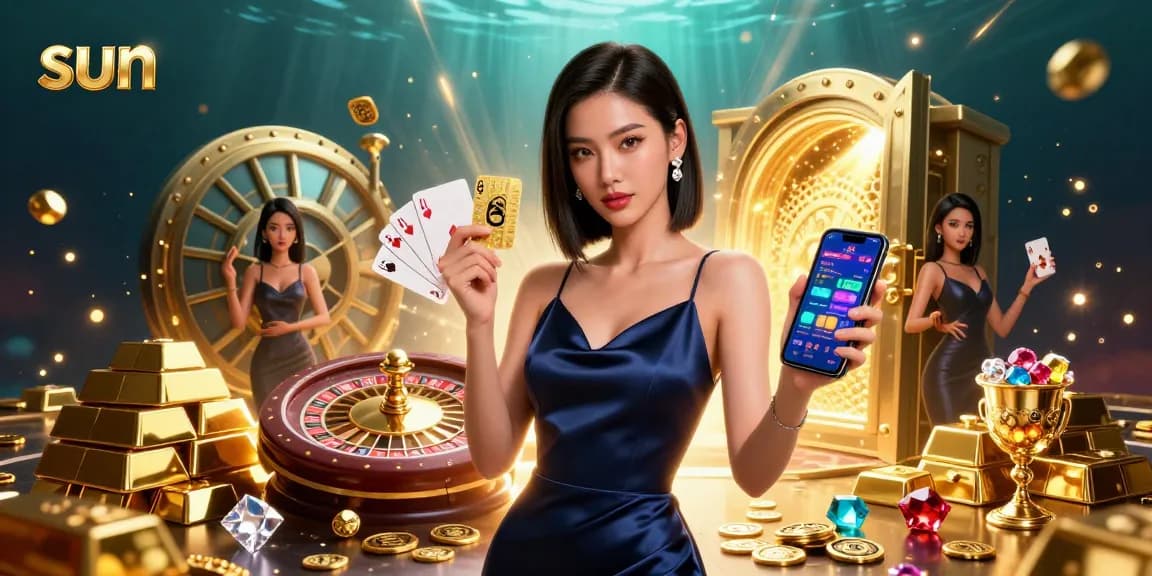 Experience the thrill of sun-themed casino games with a confident player holding a golden chip.