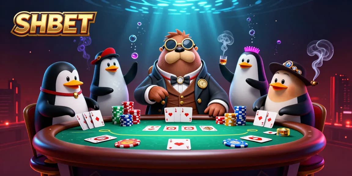 SHBET poker scene showcasing the jolly walrus, sophisticated dealer, and bluffing pufferfish