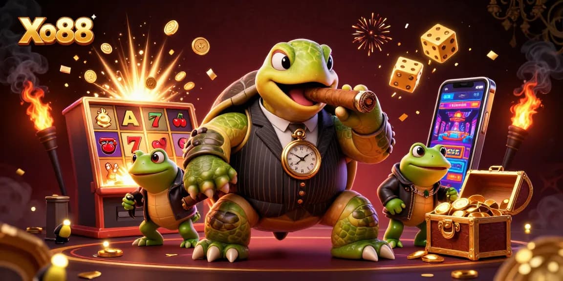 Xo88 offers a thrilling jackpot experience with a dynamic scene of a snapping turtle in mobster attire amidst flying slot game elements.