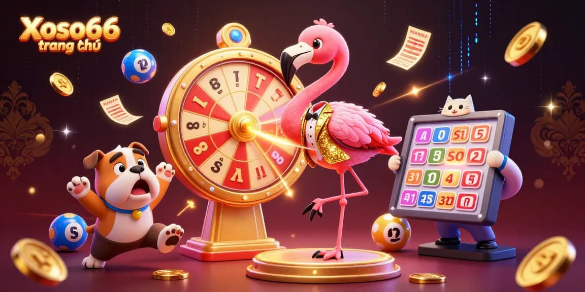 Xoso66 trang chủ showcases an energetic scene of a game show with a flamingo host, a bulldog contestant, and vibrant lottery elements in play.