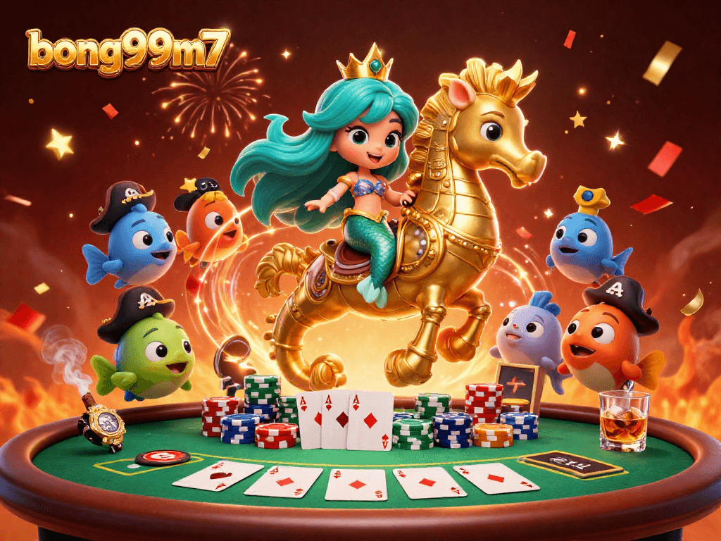 Experience the excitement of bong99m7 with a vibrant scene of a mermaid princess and poker glory!