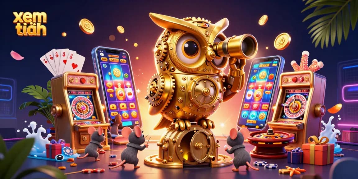xem thêm vibrant casino illustration with a golden owl, dynamic gaming elements and rich details.