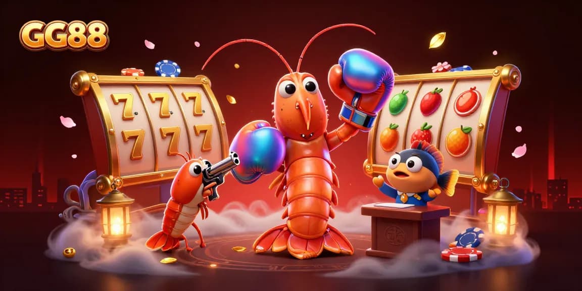 Experience thrilling gameplay with GG88's vibrant casino scene filled with dynamic slot reels and playful characters.