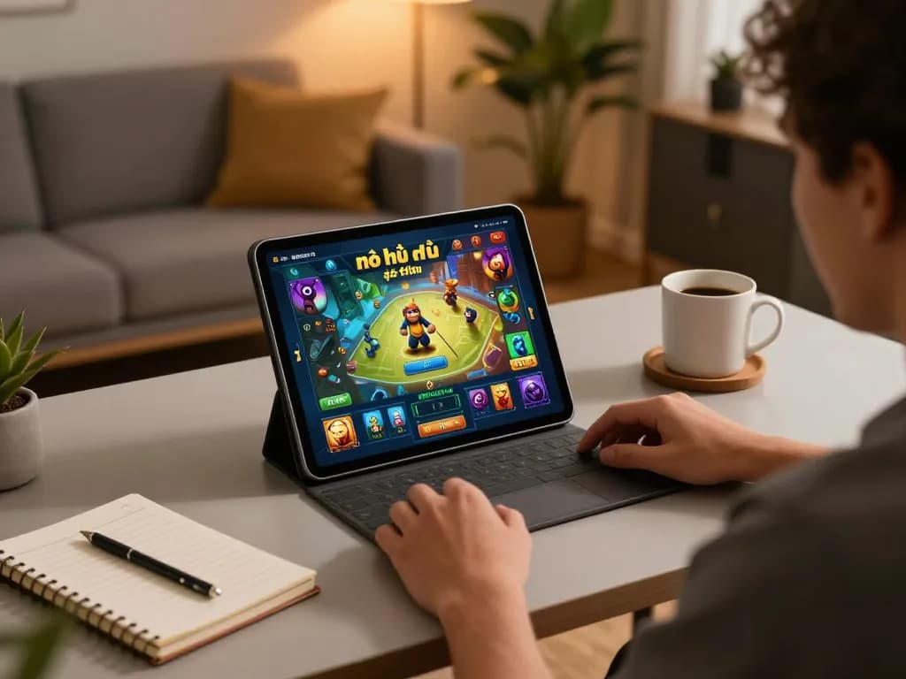 Nổ hũ đổi thưởng displayed on a tablet in an engaging and responsible home gaming environment.