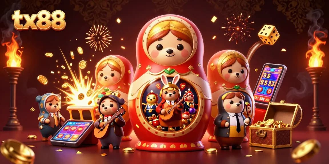 tx88 reveals a vibrant casino scene with Matryoshka bears and jackpot symbols.