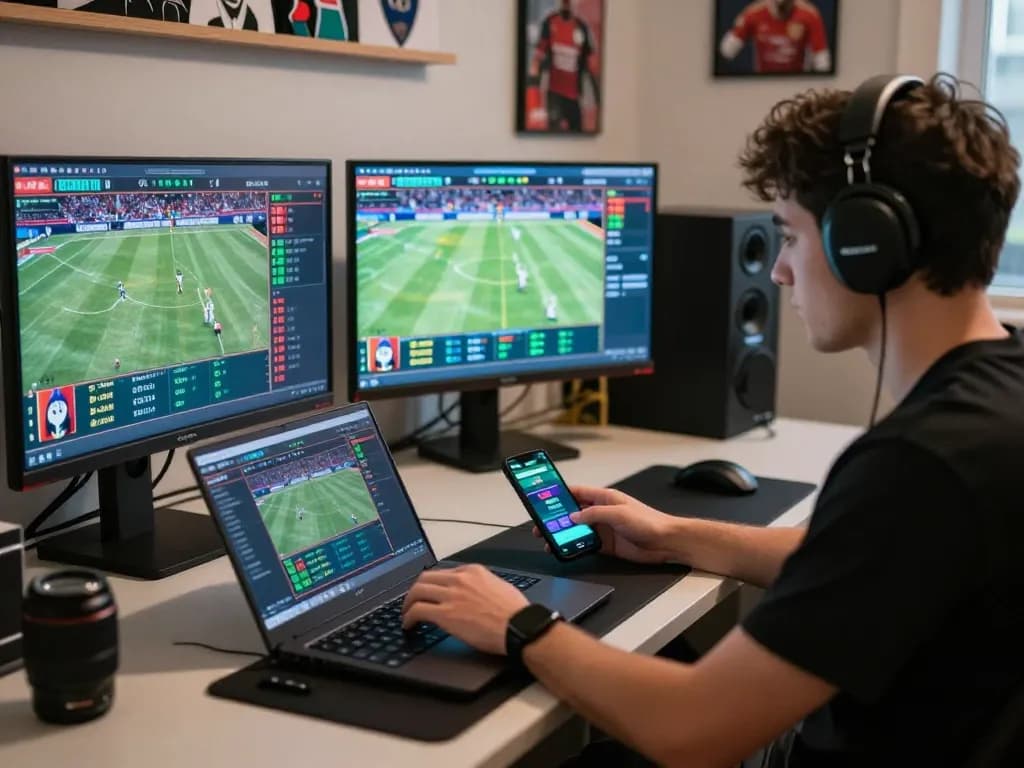 Engaged player using fly88 sports betting app on multiple screens for strategic betting.