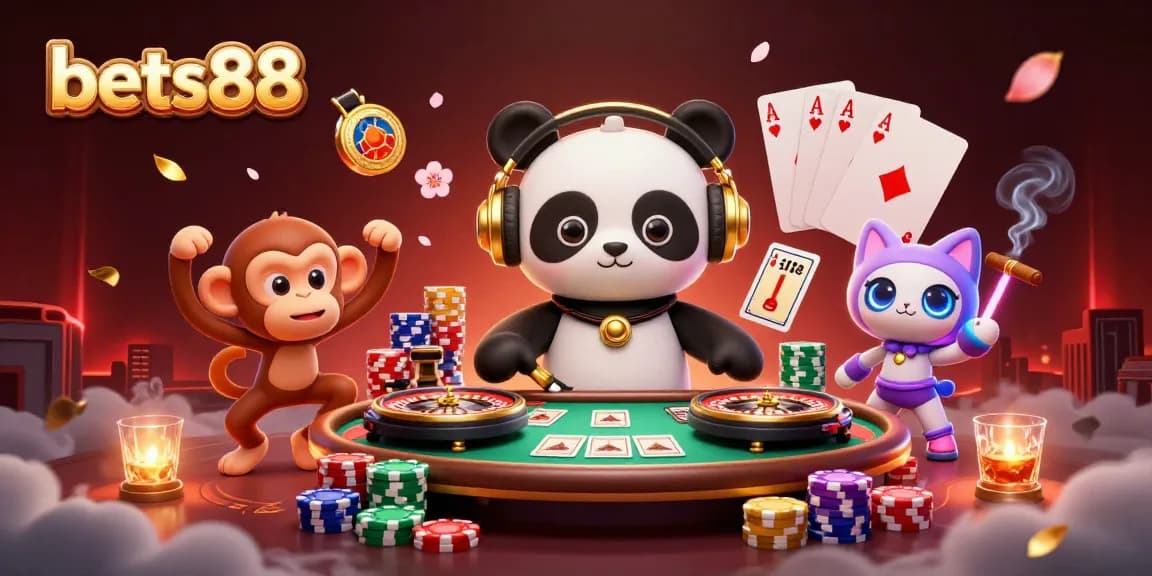 Engage with the thrilling bets88 casino atmosphere featuring DJ panda, breakdancing monkey, and rave kitten.