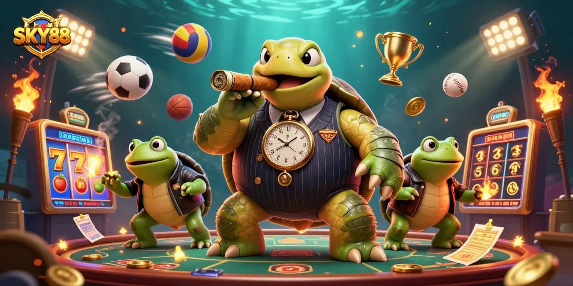 Experience action-packed gaming at SKY88 with a snapping turtle in a mobster suit and exciting casino elements.