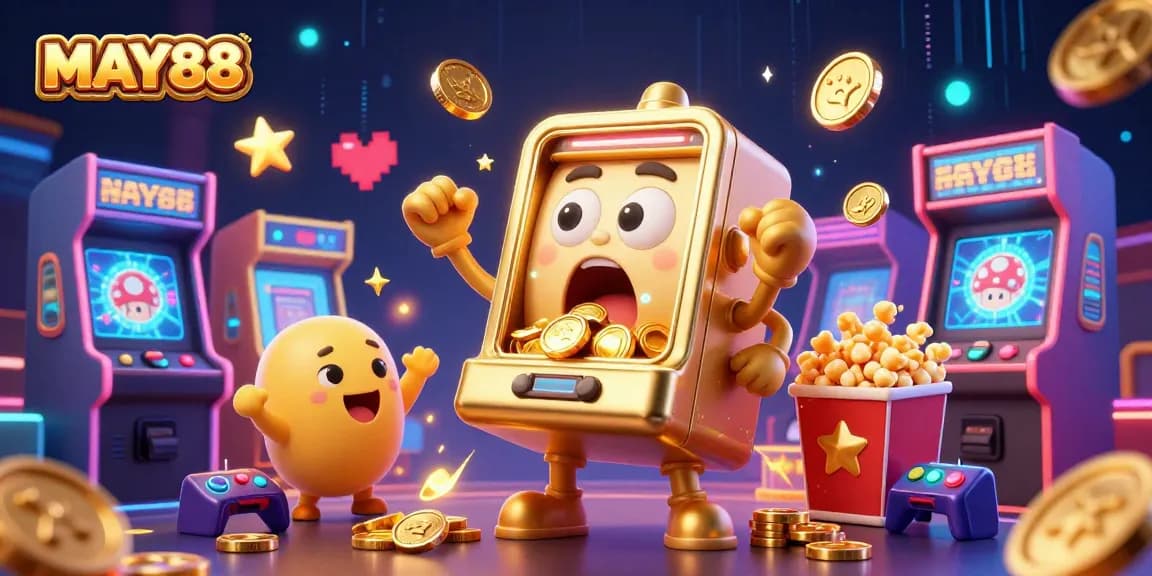MAY88 offers a thrilling jackpot experience with cartoon slot machines celebrating big wins.