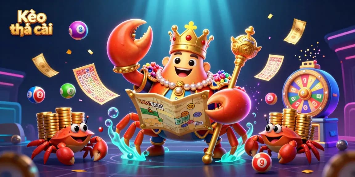 Engage with Kèo nhà cái action featuring a golden crab emperor and vibrant casino elements.