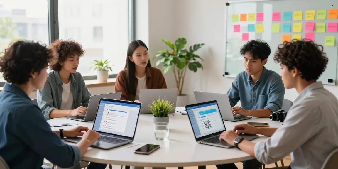 Professionals collaborating on the Telegram Web Version in a modern workspace.