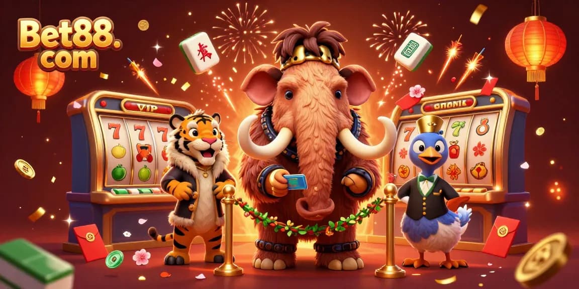 Bet88. com casino illustration showcasing a humorous scene with a woolly mammoth bouncer, VIP saber-tooth tiger, and a dodo bird doorman amidst vibrant gaming symbols.