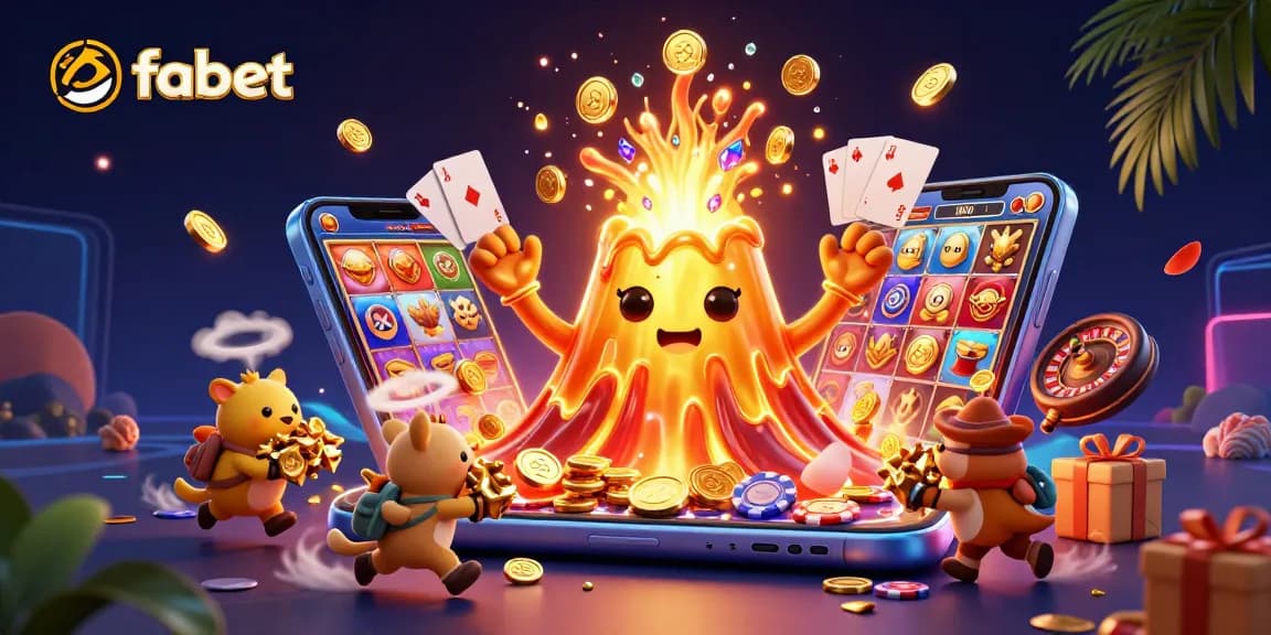 Experience the thrill of fabet with a golden volcano erupting treasures and gaming elements.