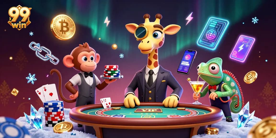 Win big at 99 win with a vibrant casino atmosphere featuring a high-roller giraffe and a monkey valet.