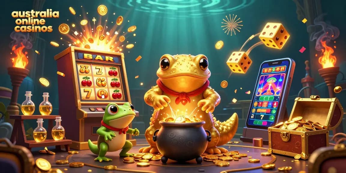 A dynamic and engaging scene of australia online casinos with a golden salamander alchemist transforming gold, surrounded by casino elements.