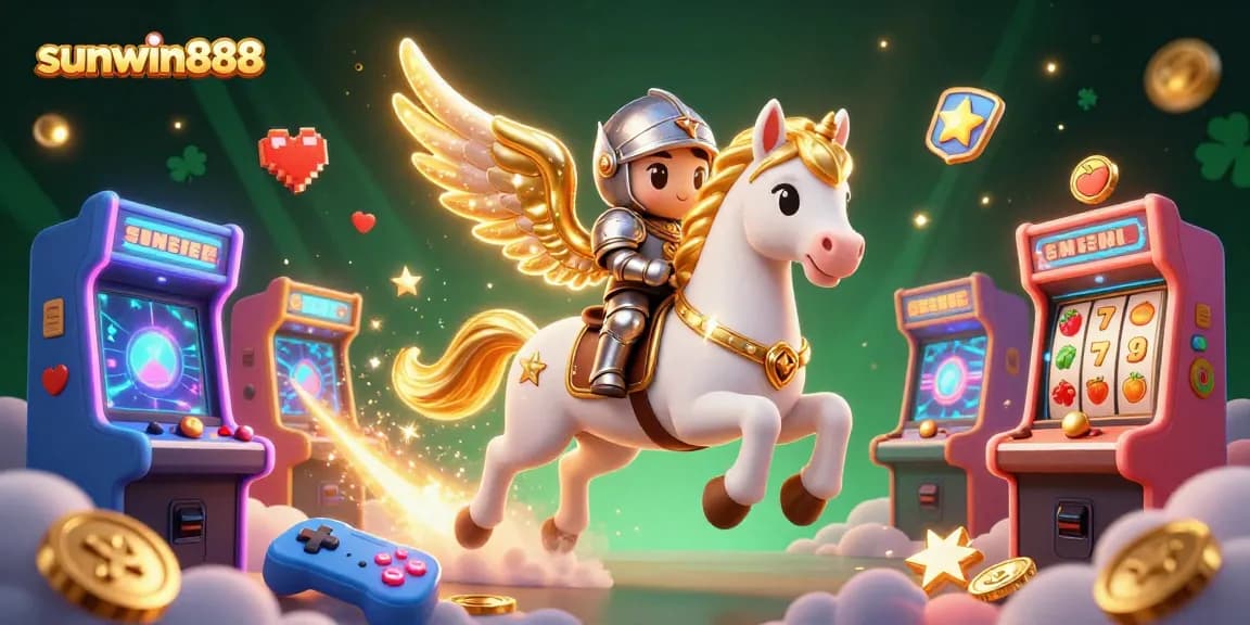 Engage with sunwin888's vibrant gaming scene featuring an epic celestial horse and arcade elements.