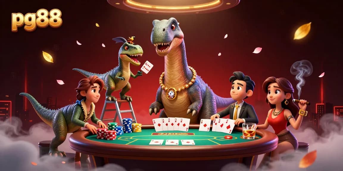 pg88 provides thrilling poker game action with a colorful cartoon scene featuring dinosaurs.