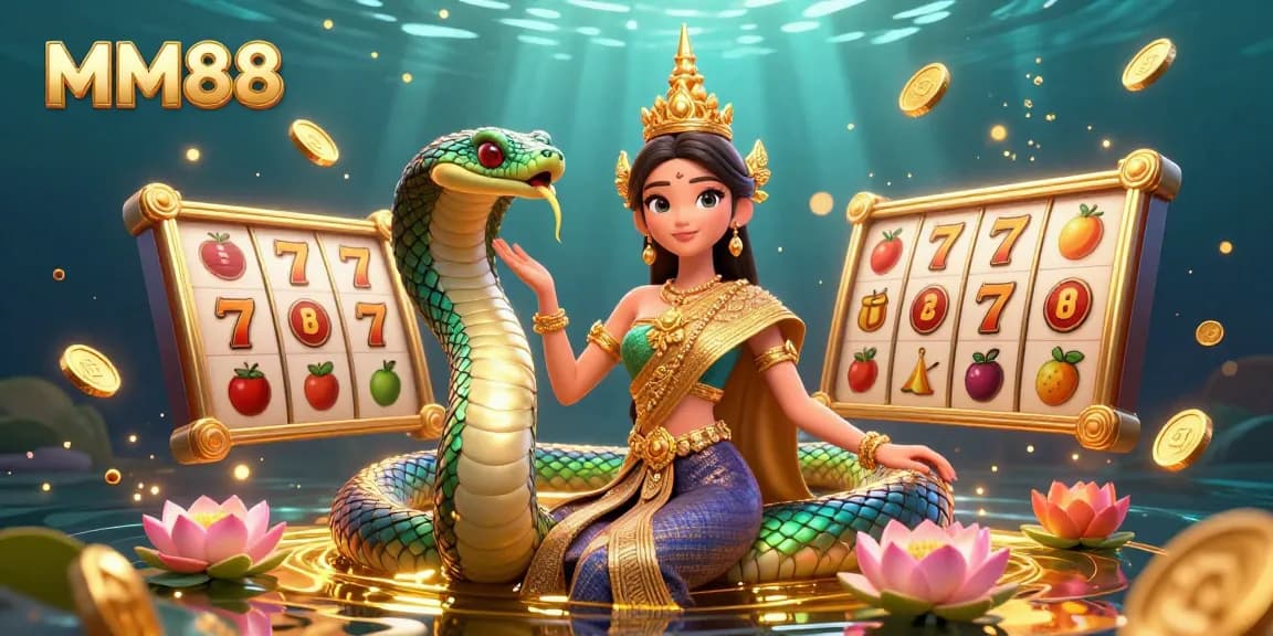 Experience winning at MM88 with a captivating illustration featuring a Thai dancer, Naga serpent, and slot elements.