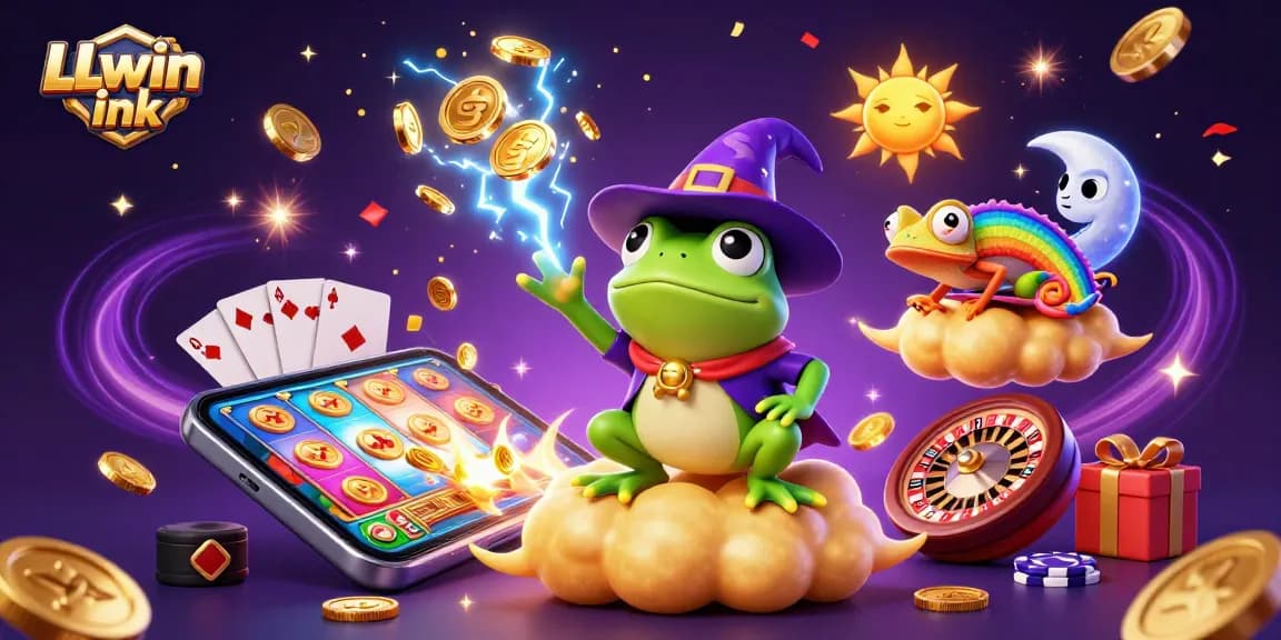 Experience the thrill of LLwin ink with a colorful 3D casino scene featuring golden coins raining down.