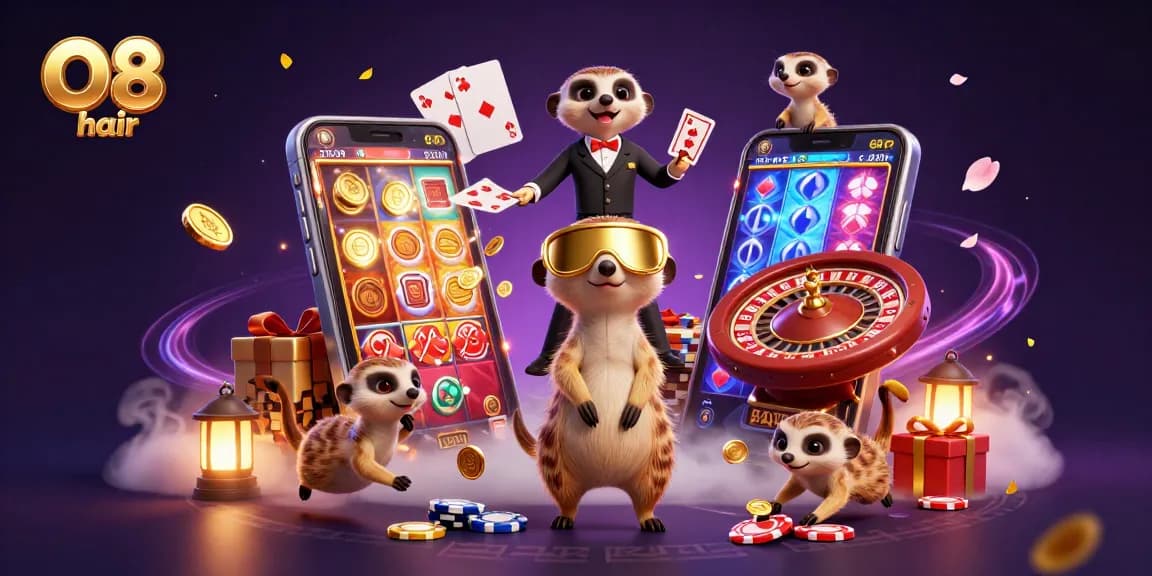 Experience thrilling gameplay at O8 hair casino with animated meerkats in a vibrant gaming scene.