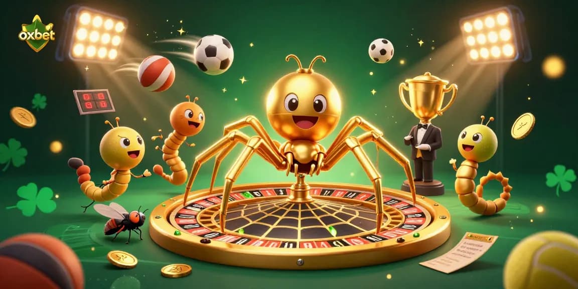 Engage with the exciting world of oxbet through a vibrant scene featuring a golden spider and centipede croupier.